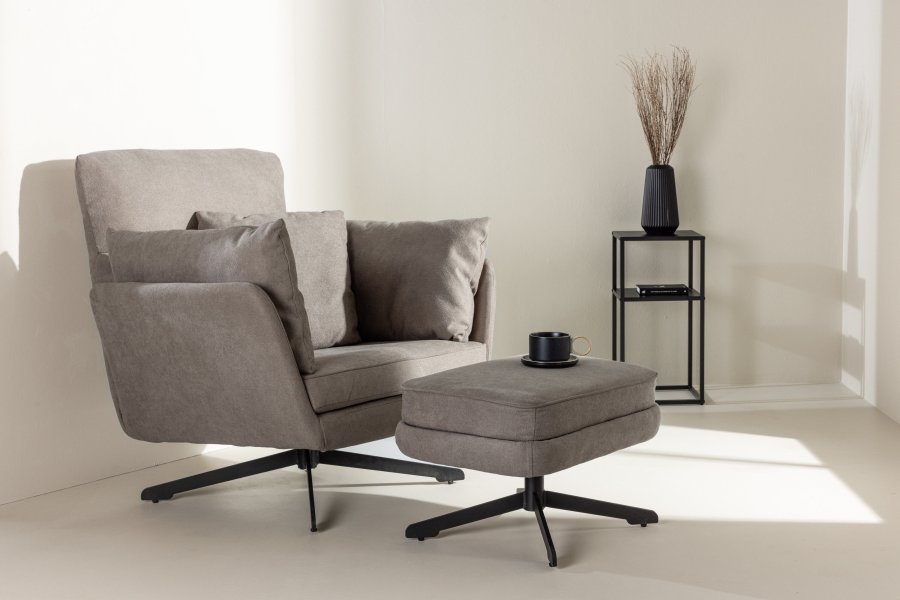 VENTURE DESIGN Madrid lenestol og fotskammel - grtt boucléstoff og svart stl