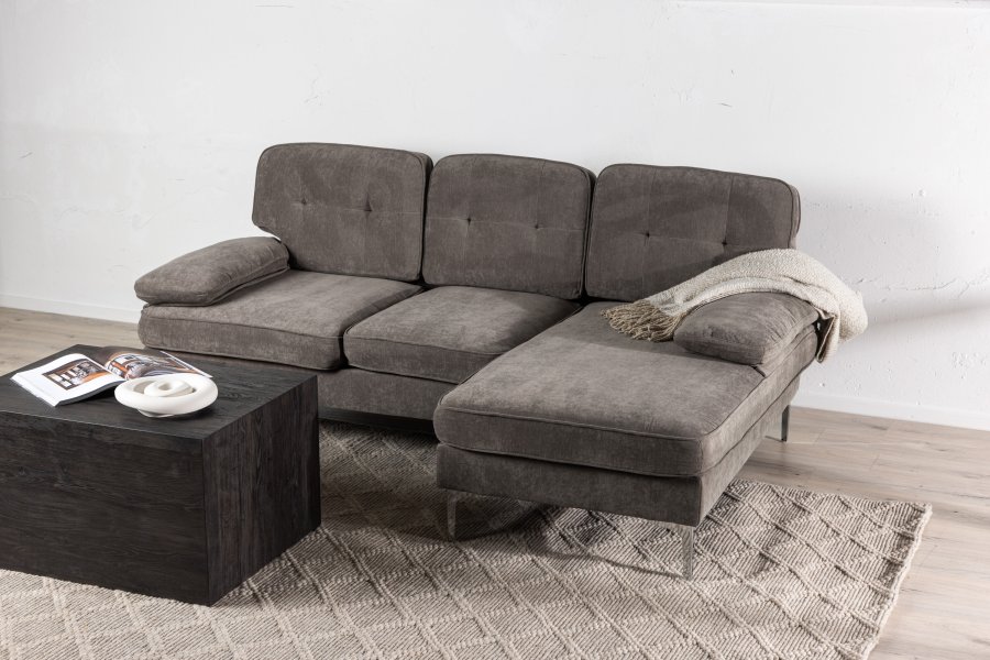 VENTURE DESIGN Trekning 3 pers. sofa, m. sjeselong - lysegr stoff og metall