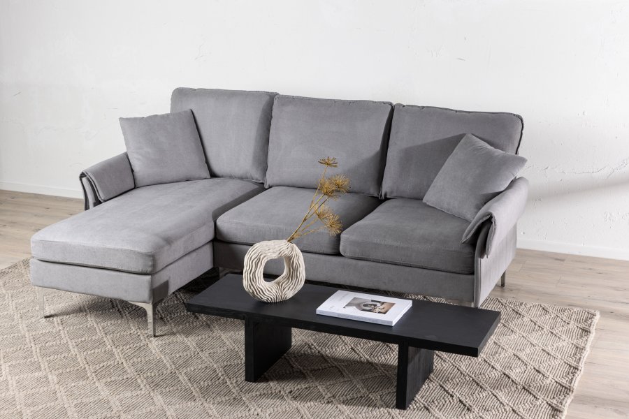 VENTURE DESIGN Toulouse 3 pers. sofa, m. sjeselong - grtt stoff og metall