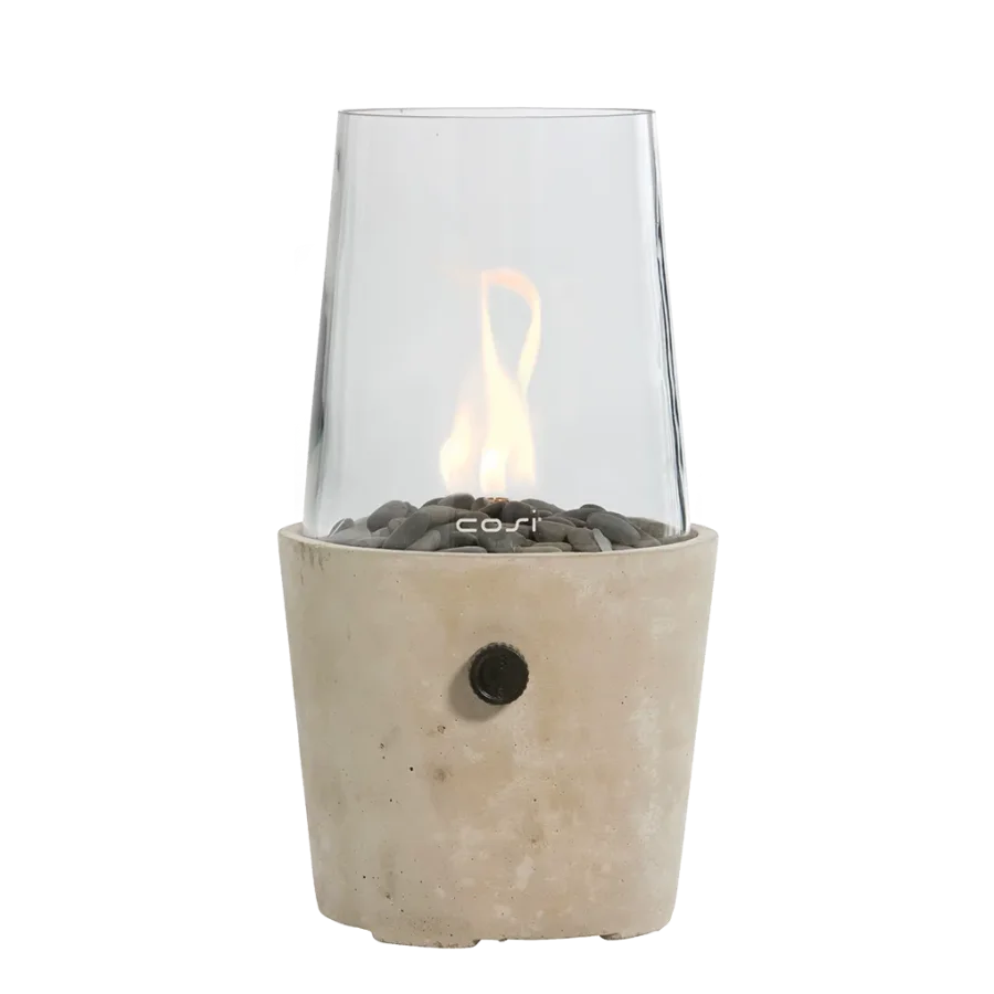COSI FIRES Cosiscoop Zement-Gaslaterne, rund, mit Glas und Kieselsteinen – Beton (H:39)