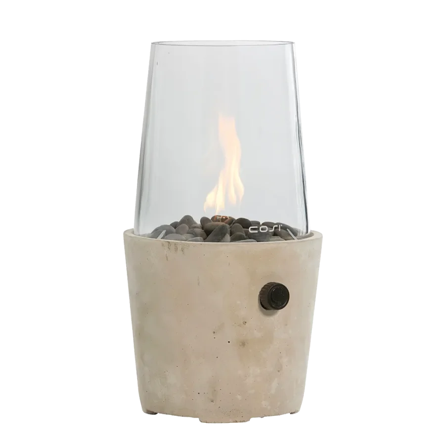 COSI FIRES Cosiscoop Zement-Gaslaterne, rund, mit Glas und Kieselsteinen – Beton (H:39)