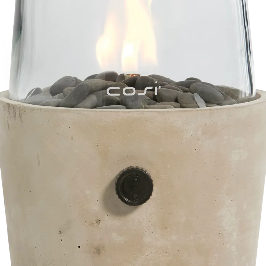 COSI FIRES Cosiscoop Zement-Gaslaterne, rund, mit Glas und Kieselsteinen – Beton (H:39)