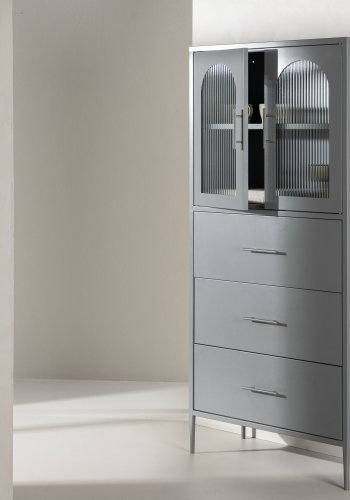 VENTURE DESIGN La Paz skap, m. 2 drer og 3 skuffer - glass og lysegr stl