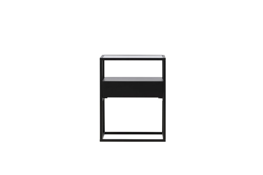VENTURE DESIGN Fortaleza Beistelltisch, mit 1 Schublade – Glas und schwarzer Stahl (40x40)
