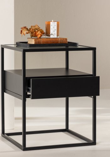 VENTURE DESIGN Fortaleza Beistelltisch, mit 1 Schublade – Glas und schwarzer Stahl (40x40)
