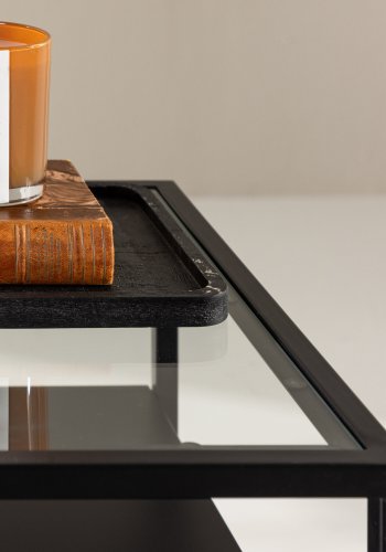 VENTURE DESIGN Fortaleza Beistelltisch, mit 1 Schublade – Glas und schwarzer Stahl (40x40)