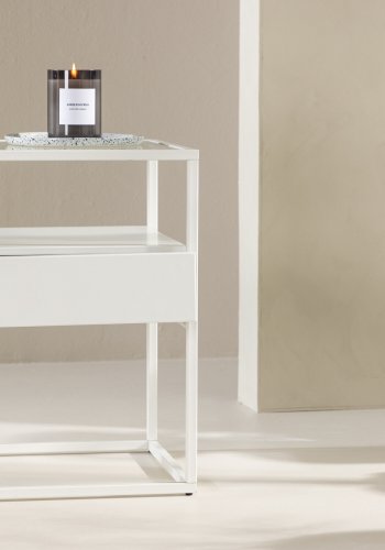 VENTURE DESIGN Fortaleza Beistelltisch, mit 1 Schublade – Glas und weißer Stahl (40x40)