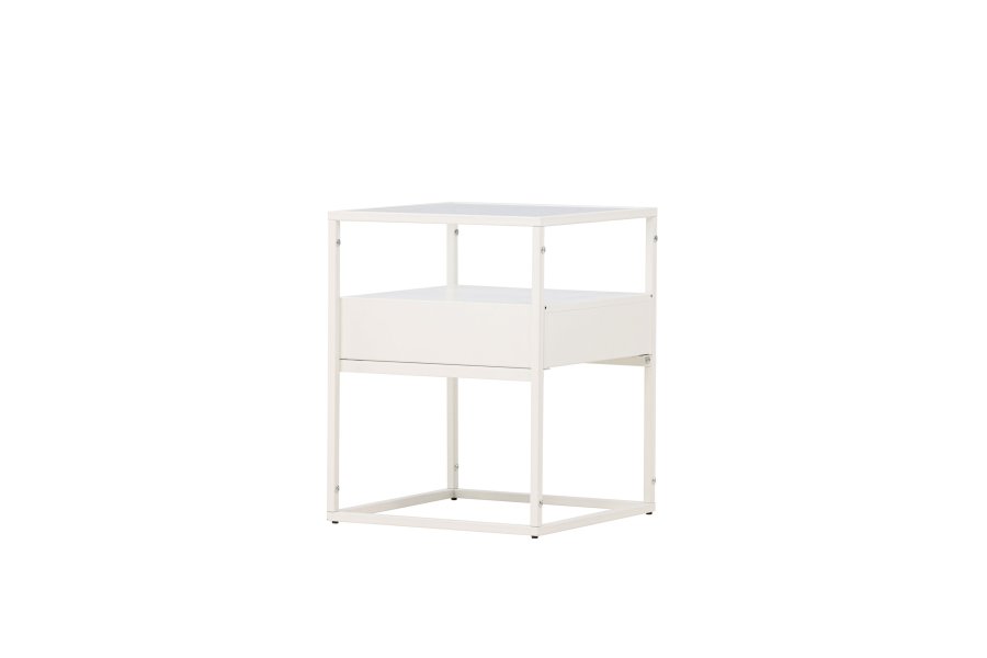VENTURE DESIGN Fortaleza Beistelltisch, mit 1 Schublade – Glas und weißer Stahl (40x40)