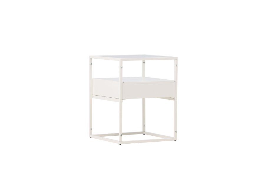 VENTURE DESIGN Fortaleza Beistelltisch, mit 1 Schublade – Glas und weißer Stahl (40x40)