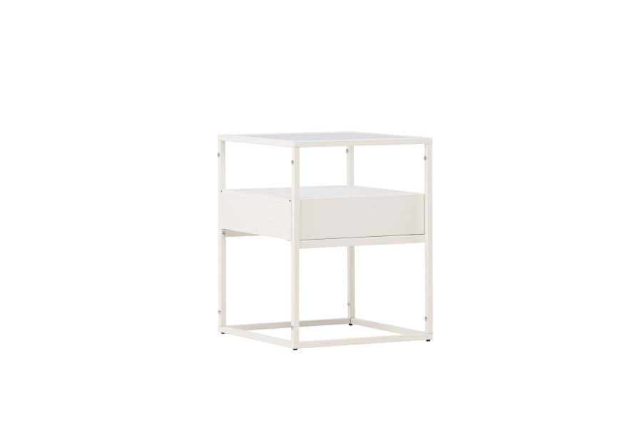 VENTURE DESIGN Fortaleza Beistelltisch, mit 1 Schublade – Glas und weißer Stahl (40x40)