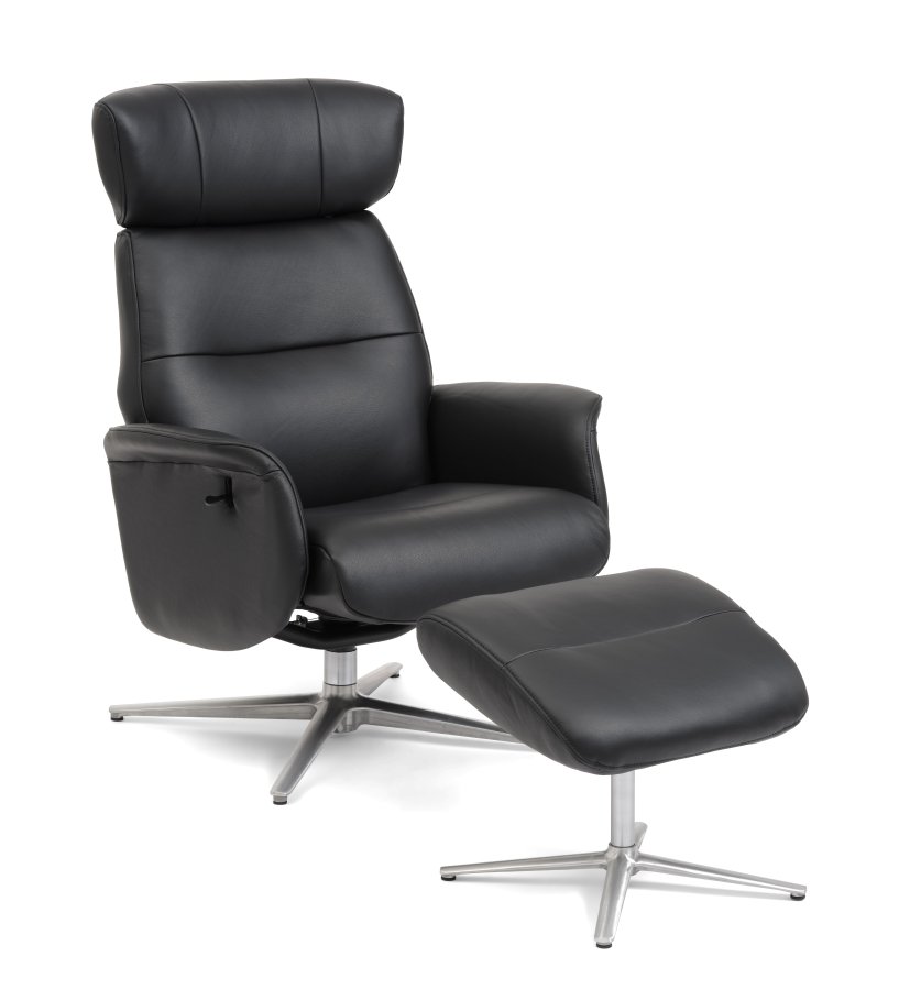 Alex Relaxsessel - schwarzes Semianilinleder und gebürstetes Aluminium