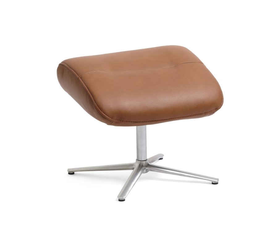 Alex Fußhocker - Cognacfarbenes Semi-Anilinleder und gebürstetes Aluminium