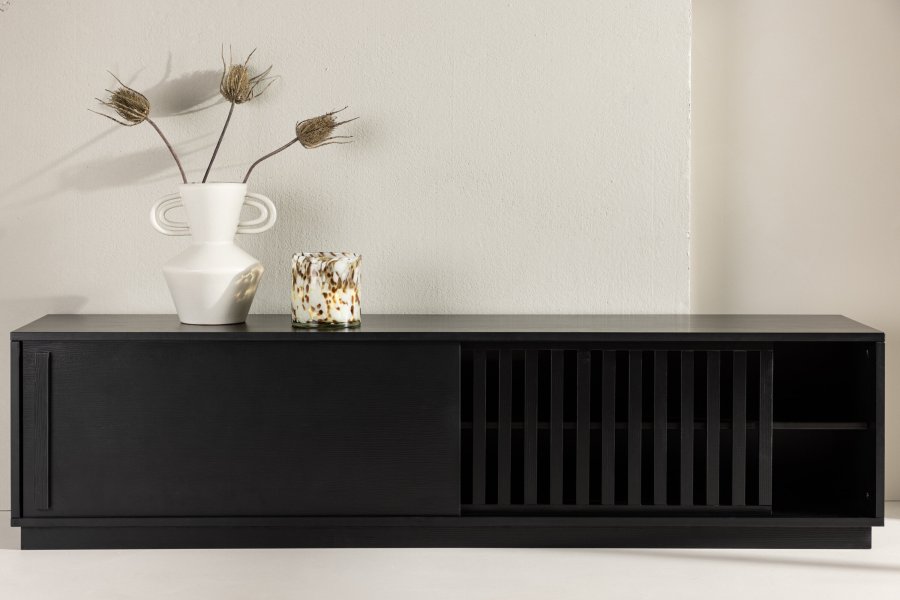 VENTURE DESIGN Lugo TV-benk, m. 2 skyvedrer og hylle - sort melamin (180x40)