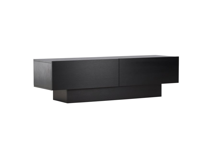 VENTURE DESIGN Cuenca TV-benk, m. 2 drer og hylle - svart glass og melamin (160x47)