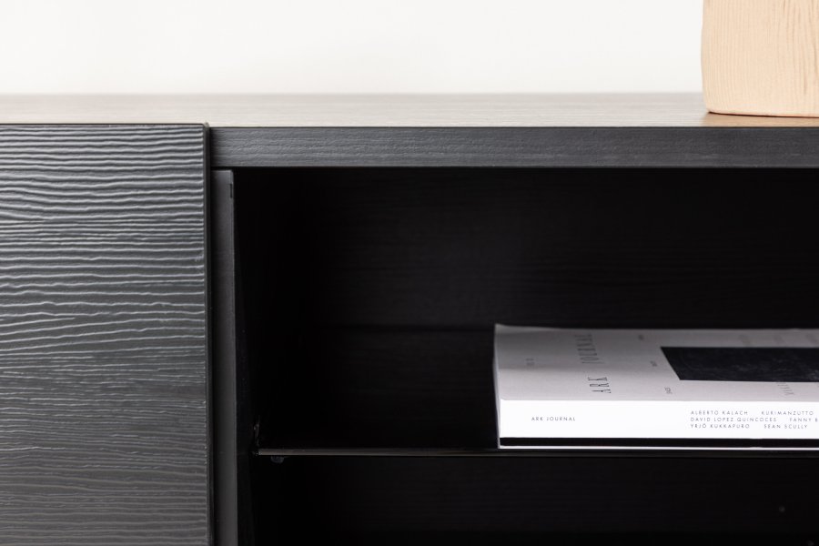 VENTURE DESIGN Cuenca TV-benk, m. 2 drer og hylle - svart glass og melamin (160x47)