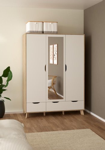TVILUM Ikast Kleiderschrank mit 2 T�ren + 1 Spiegelt�r + 2 Schubladen, Jackson Hickory/Wei�, 147,2 x 58,1 x 201 cm