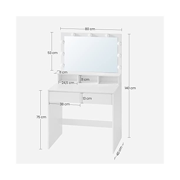 Makeupbord/sminkebord, m. spejl, 9 LED-prer, 2 skuffer, 3 rum  (80x40)