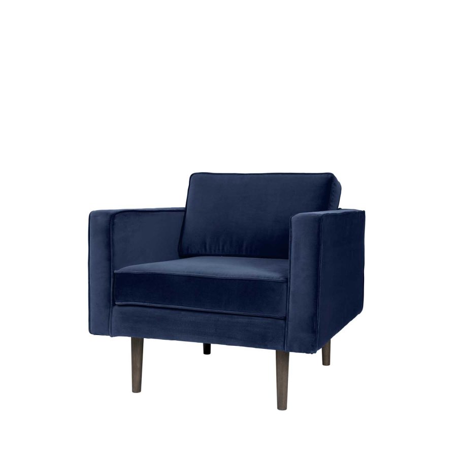 BROSTE COPENHAGEN Windsessel – blauer Polyestervelours, m. Armlehnen