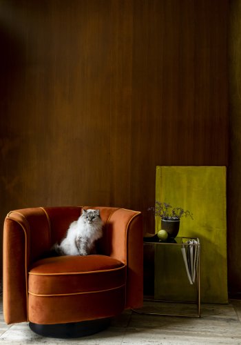 DUTCHBONE Flower Loungesessel mit Armlehnen – orangefarbener Samtstoff und schwarzer Stahl