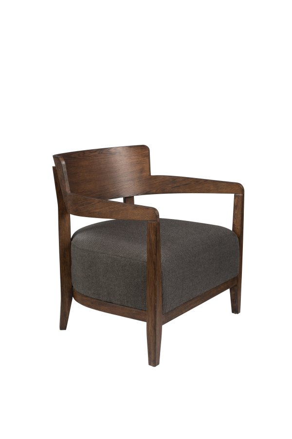 DUTCHBONE Duran Loungesessel, mit Armlehnen – graues Polyester und braune Eiche