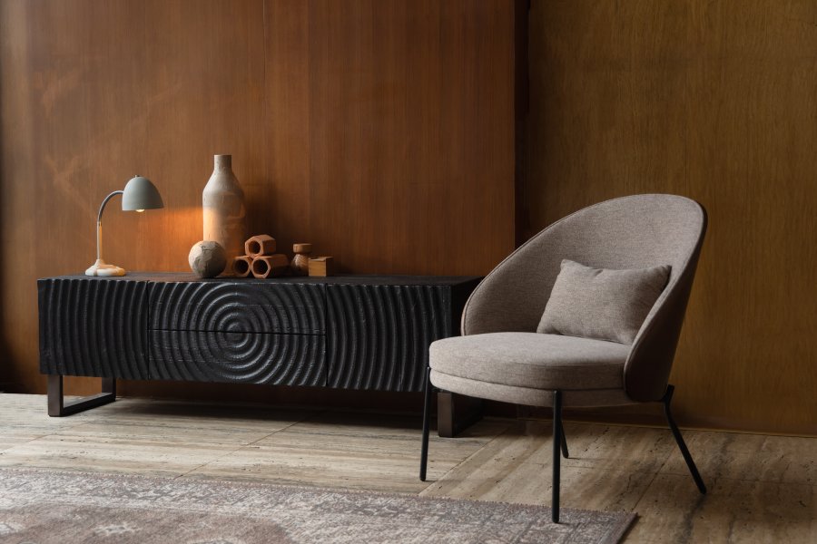 DUTCHBONE Rodin lenestol - gr polyester, valnttfarget ask og svart metall