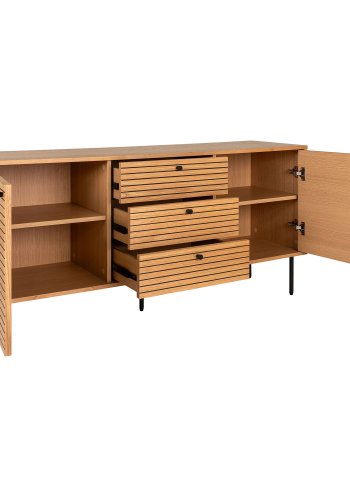 HOUSE NORDIC skjenk, eikefiner, ben i sort metall, 3 skuffer, 2 drer, 150x40x74 cm