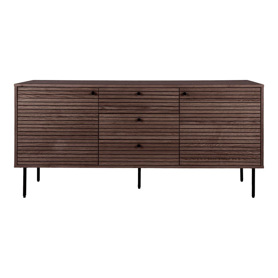 HOUSE NORDIC Kyoto skjenk, med 2 drer, 2 hyller og 3 skuffer - rkt eikefiner og svart stl