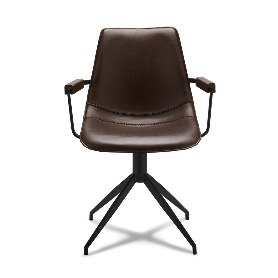 Isabel Esszimmerstuhl, mit Armlehnen und Drehfunktion – dunkelbraunes PU-Leder und schwarzer Rahmen