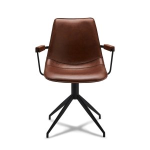 Isabel spisebordsstol, m. armln og drejefunktion - lysebrunt PU lder og sort stel