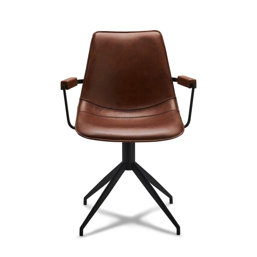 Isabel spisebordsstol, med armlener og dreiefunksjon - lysebrunt PU-skinn og sort ramme