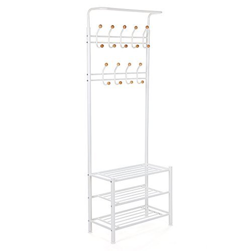 SONGMICS inngangsparti, med kroker og 3 hyller - hvitt stl