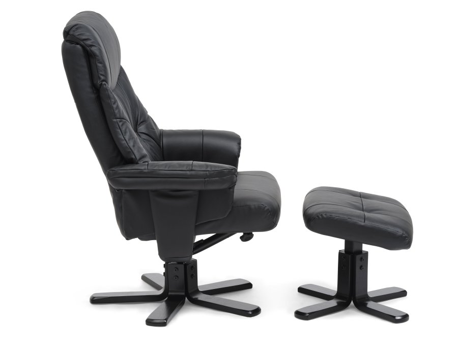 Koselig hvilestol, inkl. fotskammel - sort skinn, kunstskinn og sort tre