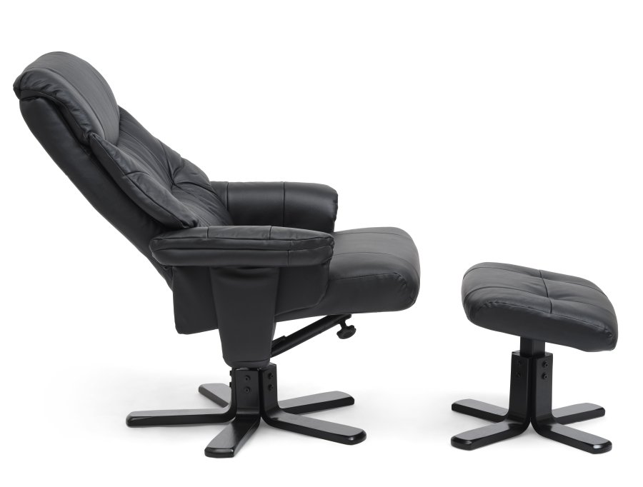 Koselig hvilestol, inkl. fotskammel - sort skinn, kunstskinn og sort tre