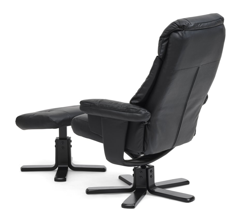 Koselig hvilestol, inkl. fotskammel - sort skinn, kunstskinn og sort tre