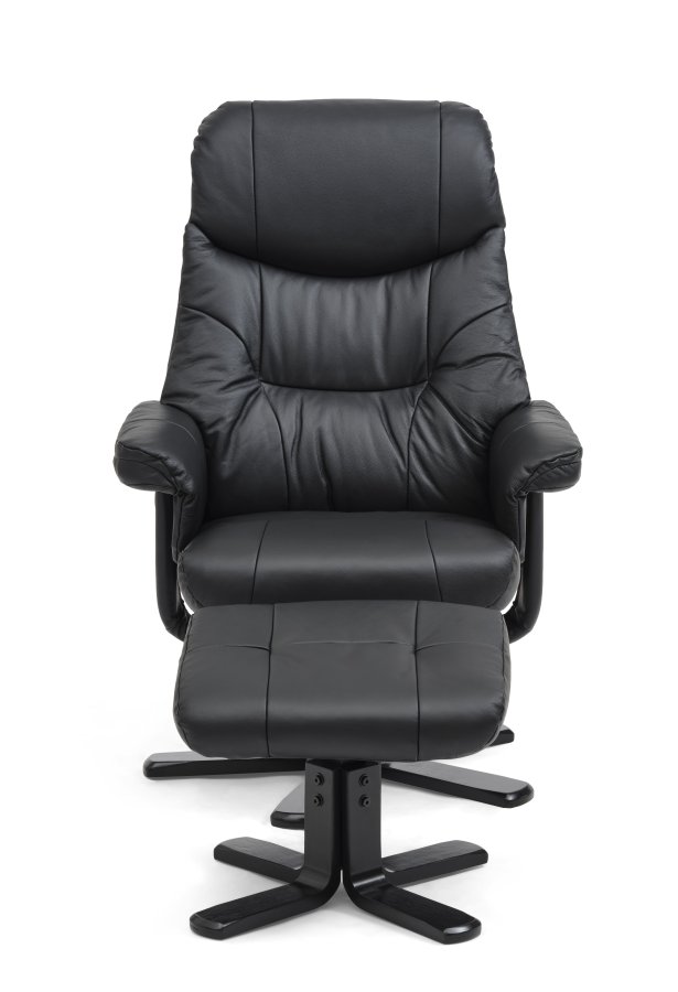 Koselig hvilestol, inkl. fotskammel - sort skinn, kunstskinn og sort tre