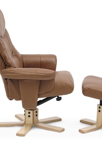 Koselig hvilestol, inkl. fotskammel - cognac kunstskinn og naturlig tre