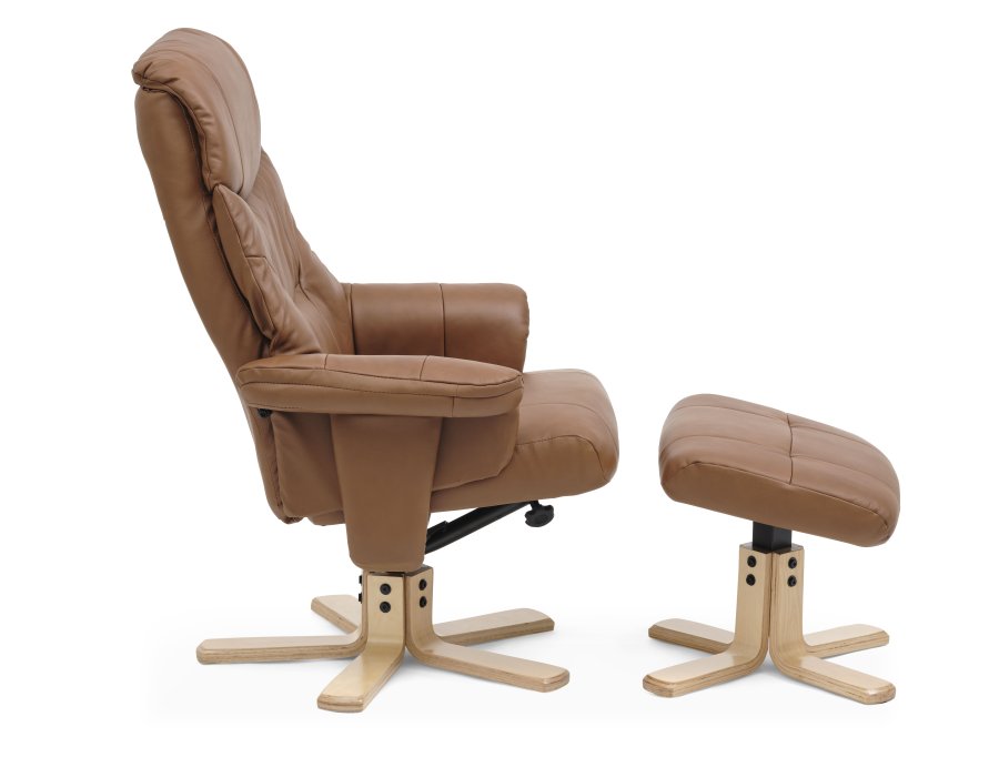 Koselig hvilestol, inkl. fotskammel - cognac kunstskinn og naturlig tre
