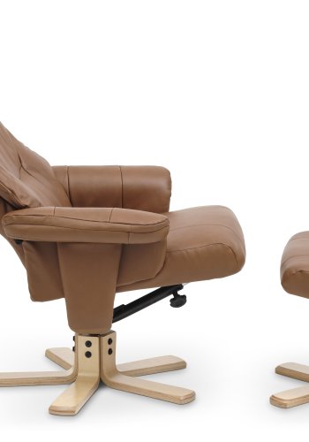 Koselig hvilestol, inkl. fotskammel - cognac kunstskinn og naturlig tre