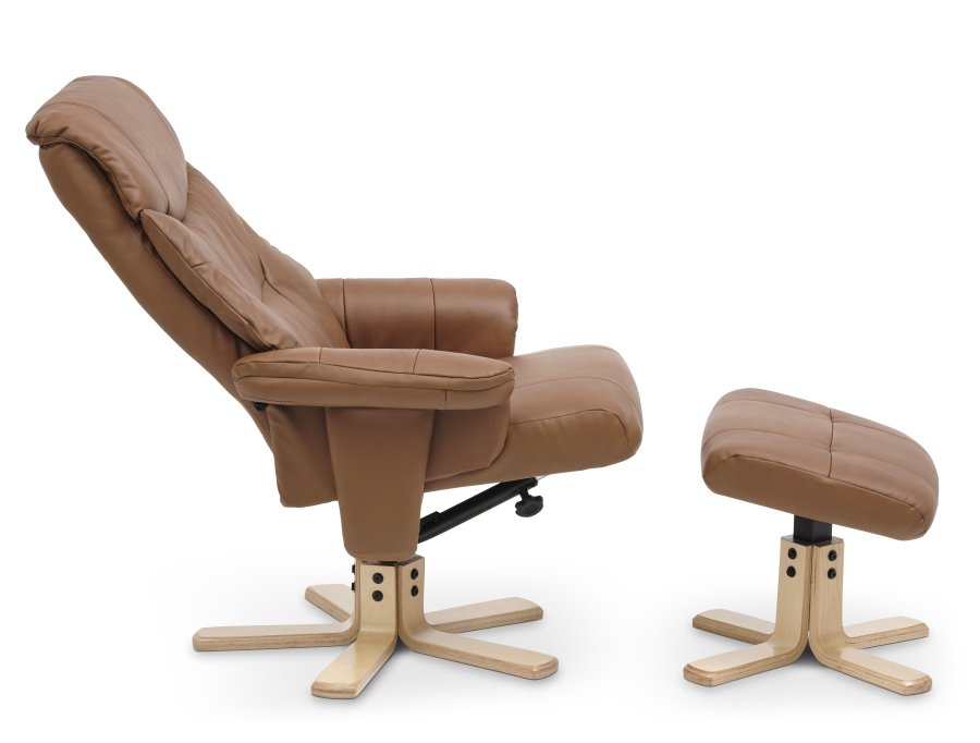 Koselig hvilestol, inkl. fotskammel - cognac kunstskinn og naturlig tre