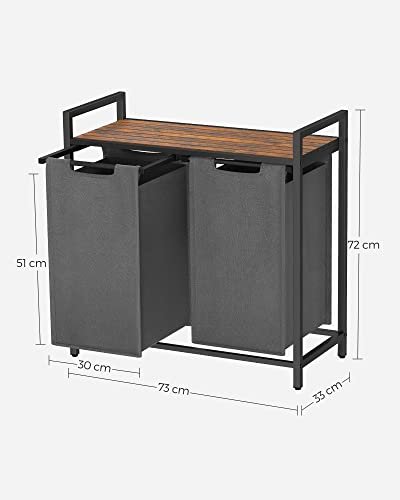 VASAGLE Wäschekorb, m. 2 Fächern – braunes MDF und grauer Stoff/Stahl