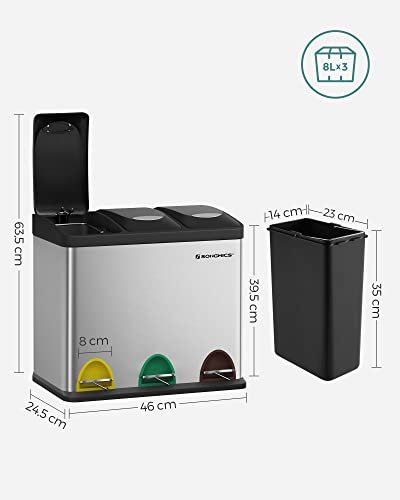 SONGMICS avfallsbeholder, med lokk, 3-i-1 pedalbtte - slv stl