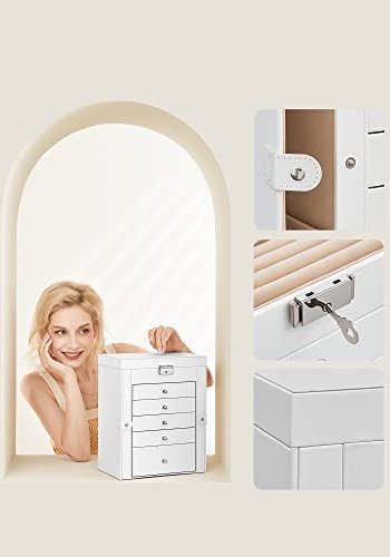 SONGMICS smykkeskrin, m. 6 lag, 5 skuffer, speil - hvit MDF