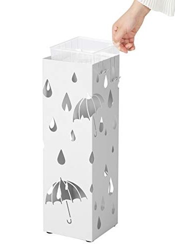 SONGMICS paraplyholder, firkantet, m. 4 kroker og dryppbrett - hvitt metall