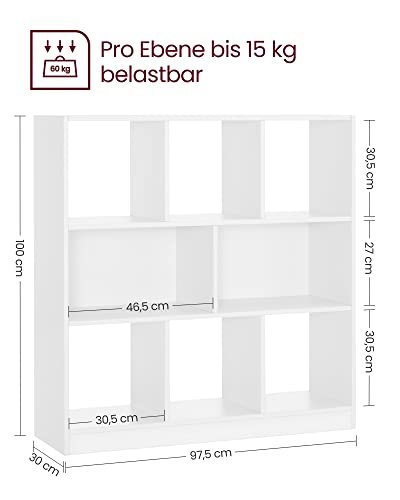 VASAGLE bokhylle, m. 8 rom - hvit sponplate