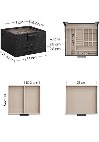 SONGMICS smykkeskrin, 3 lag, med glasslokk og 2 skuffer - flyels- og grafittsvart PU