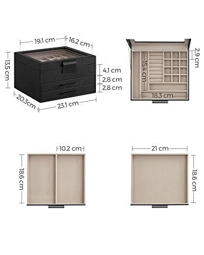 SONGMICS smykkeskrin, 3 lag, med glasslokk og 2 skuffer - flyels- og grafittsvart PU