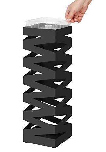 SONGMICS paraplyholder, firkantet, med kroker og dryppbrett - svart metall
