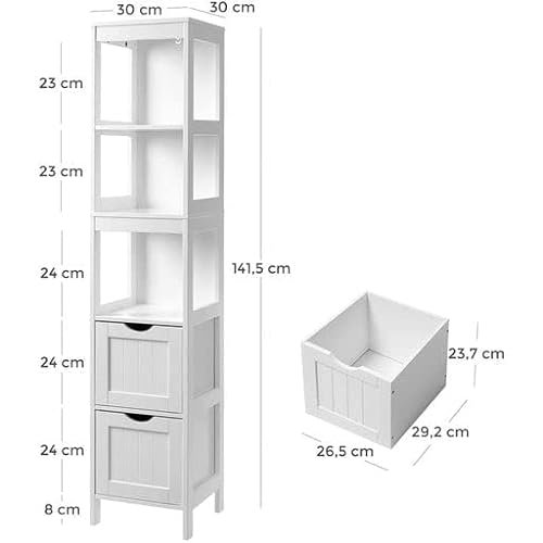 VASAGLE baderomsskap, m. 3 pne rom og 2 skuffer - hvit MDF