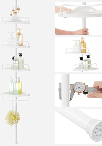 SONGMICS hjrnehylle for dusjkabinett, teleskopisk, m. 4 brett, 3 kroker - hvit plast og stl