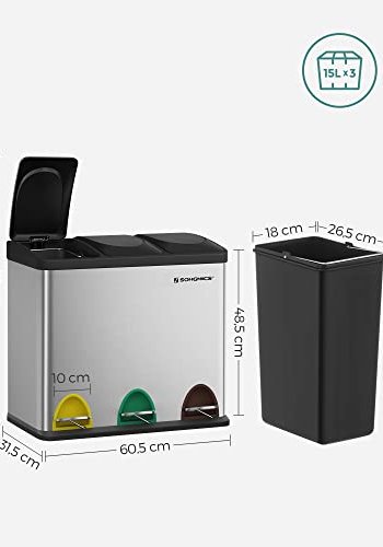 SONGMICS avfallsbeholder, m. 3 rom, pedaler - slv rustfritt stl og svart polypropylen